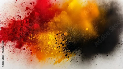Abstract explosion of red, yellow, and black powder on white background representing the German flag. Dynamic and artistic interpretation. Concept of national pride, culture, and identity