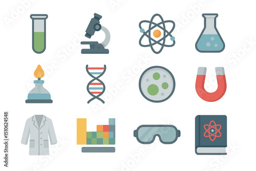 Colorful science icons including microscope, dna, atom, and laboratory equipment