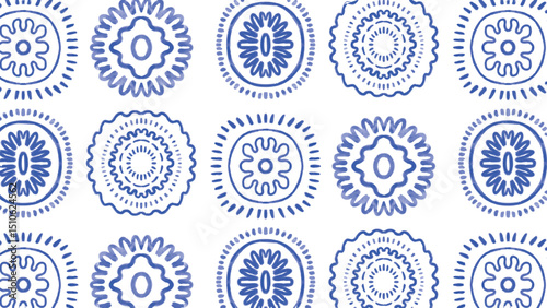 Seamless Pattern with Hand Drawn Blue Abstract Floral Circles. Bold Watercolor Style with Naive Symmetrical Shapes. Artistic Decorative Background for Textile, Wrapping, Poster. Vector Illustration