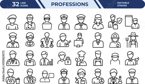 Professional occupation outline icons editable stroke workers set