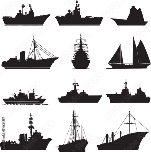 Set of ship silhouettes in a clean and simple black vector illustration