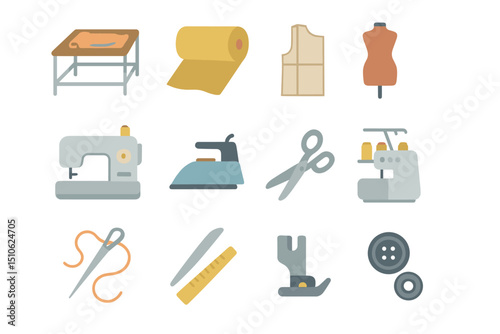 Sewing tools and equipment in tailor workshop for crafting and design