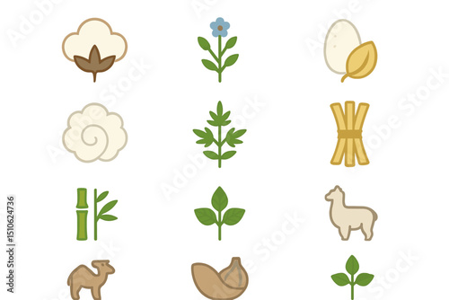 Icons representing natural fibers and materials with various plant symbols