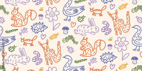 Playful colored doodles of Cat, Dog, Rabbit, Squirrel, Goose, Hedgehog, Worm, Caterpillar, Flower, Mushroom, Heart, Bug, drawn in flat childlike vector style. Seamless background.