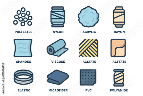 Textile materials icons: polyester, nylon, acrylic, rayon, spandex, viscose