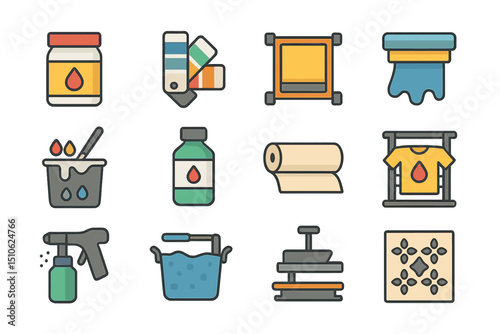 Colorful printmaking tools and equipment icons on gradient background
