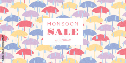 Crowd of Colorful Umbrellas under Raindrops with Central Monsoon Sale Text and Discount Offer. Seamless Flat Hand Drawn Vector Illustration for Poster, Web Banner, Seasonal Promotion.