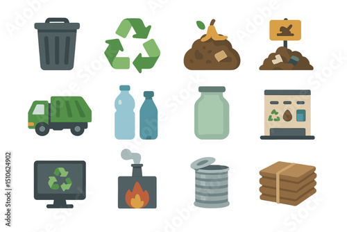 Recycling and waste management icons illustrating sustainable practices