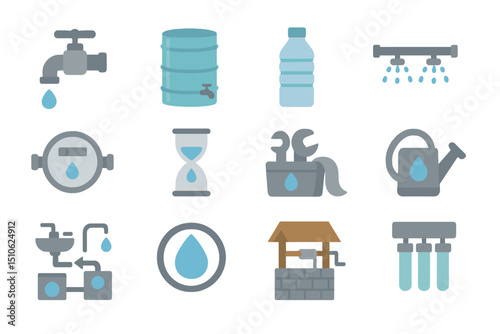Water management icons: conservation, distribution, storage, filtration, efficiency