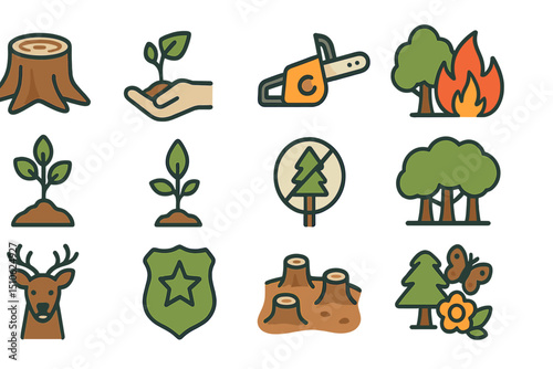 Forest conservation icons including trees, fire, and wildlife symbols