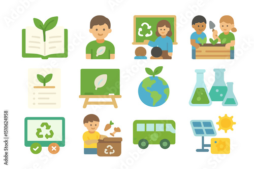 Eco education icons: sustainable learning and environmental awareness