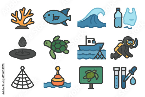 Marine conservation icons: coral, fish, waves, turtle, diver, equipment