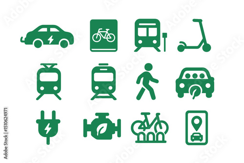 Green mobility icons featuring electric and eco-friendly transport options