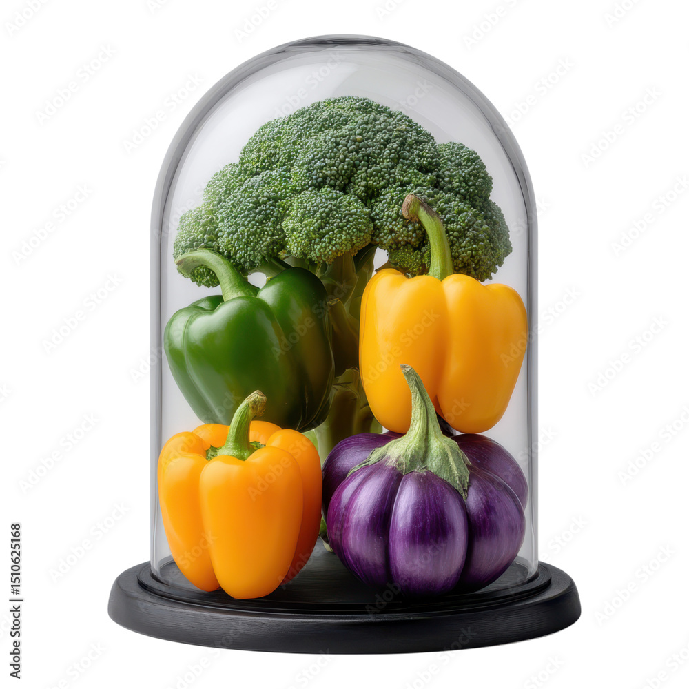 Fresh Vibrant Vegetables Under Glass Dome Broccoli Bell Peppers and Eggplant Fresh Vibrant Vegetables Under Glass Dome Broccoli Bell Peppers and Eggplant