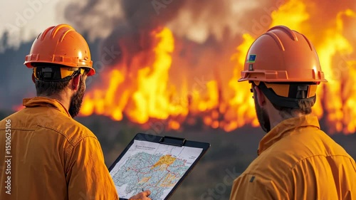 Two firefighters in orange uniforms and helmets analyzing map near wildfire. Intense flames in background. Concept of emergency response, wildfire control, climate crisis, and disaster management