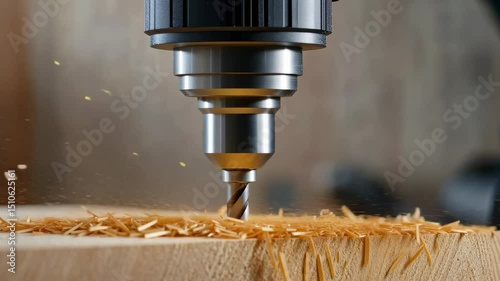 drill bit working on wood, creating sawdust. Concept of woodworking, precision, carpentry, DIY, and craftsmanship. Ideal for construction, tools, and workshop themes
