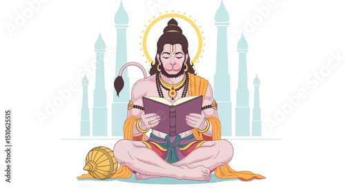 Illustration of Hindu deity hanuman meditating while reading a sacred book in front of temple towers