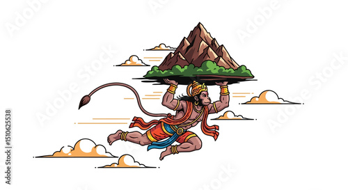 Illustration of a mythical monkey god flying while carrying a mountain in a dynamic pose
