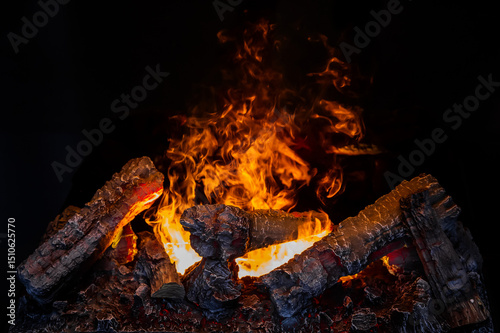 Logs burning in the fireplace with bright orange and yellow flames