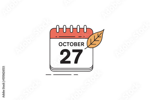 A simple, flat-style calendar icon displaying October 27th, accompanied by a stylized autumn leaf.