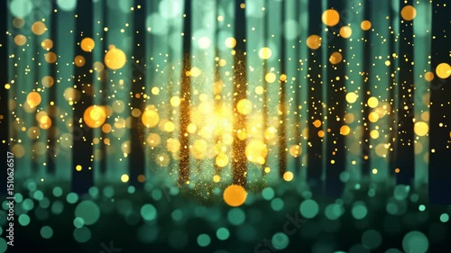 Abstract glowing lights in forest with bokeh effect. Magical green and yellow ambiance, representing fairy tale, fantasy, or enchanted nature scene. Ideal for festive or mystical themes