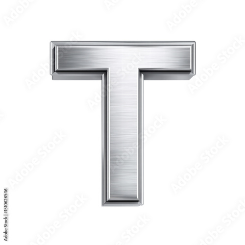 Metallic letter T with shiny silver texture and 3D effect on transparency background