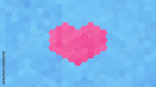 Pink heart and blue simple abstract hexagon background, geometric animation