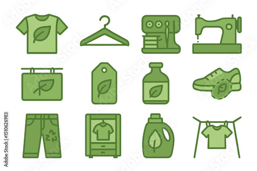 Eco-friendly fashion icons: sustainable clothing and green apparel symbols