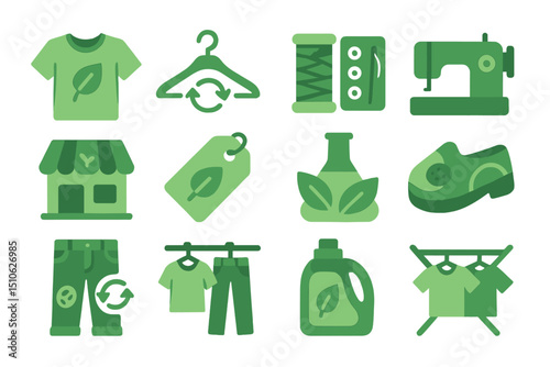 Eco-friendly fashion icons set on green background