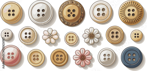 Vintage wooden buttons collection with floral designs, assorted sizes and colors isolated on white background for sewing craft flat vector illustration