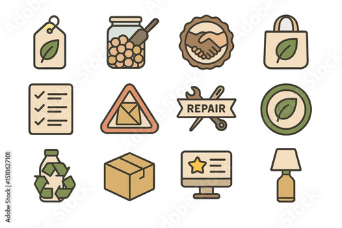 Eco-friendly icons representing sustainability and recycling in everyday objects