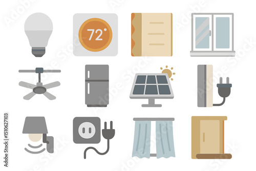 Smart home automation icons featuring lighting, climate, and energy solutions