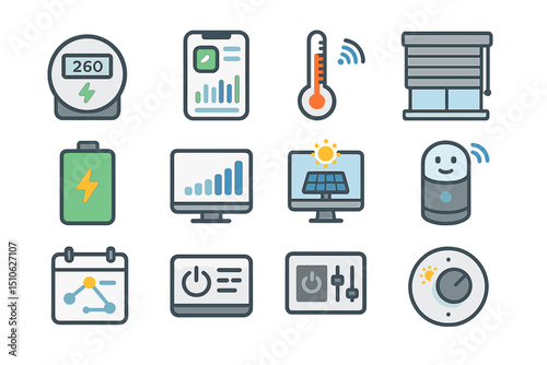 Smart home energy icons with gadgets and monitoring devices