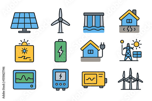 Renewable energy icons: solar, wind, hydroelectric, geothermal, battery