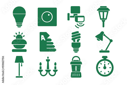 Green background with various lighting and home appliance icons