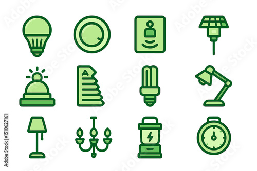 Green energy icons: lightbulbs, solar panels, and lamps on green background