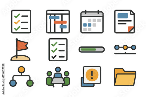 Colorful project management icons on gradient background