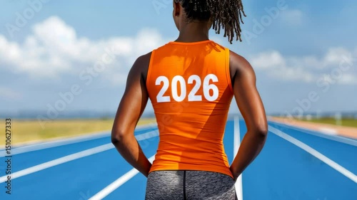 Black female athlete standing on blue running track, wearing orange sportswear with number 2026. Concept of new year goals, motivation, sports achievements, and future planning