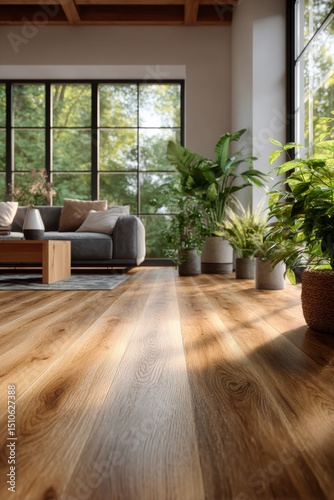 Living room with modern design, featuring hardwood floors and sunlit space filled with furniture and potted plants.