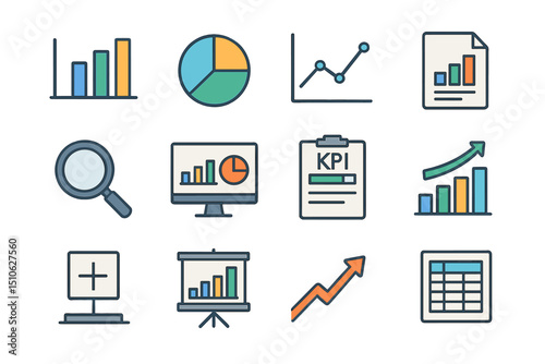 Business analytics icons set: charts, graphs, kpi, data analysis tools