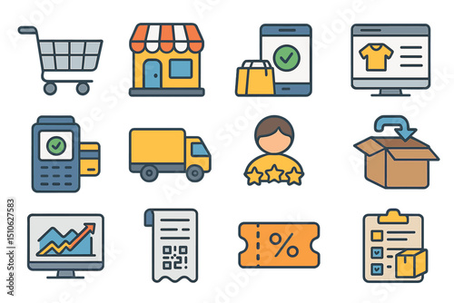 E-commerce icons set: shopping cart, payment, delivery, customer review