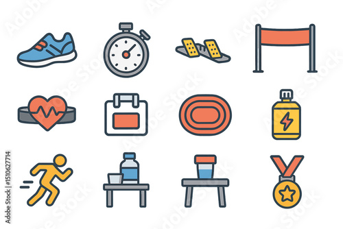 Colorful fitness and sports icons featuring equipment and activities