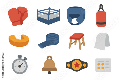 Boxing equipment icons set featuring gloves, ring, helmet, and stopwatch