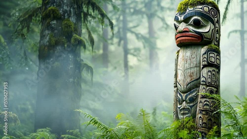 Traditional Maori totem pole in a misty forest, surrounded by lush green ferns. Cultural heritage scene with spiritual and indigenous symbolism. Ideal for heritage or history themes