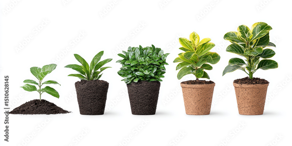 Fototapeta premium Young plant growth in soil and pots showing sequence of planting and development