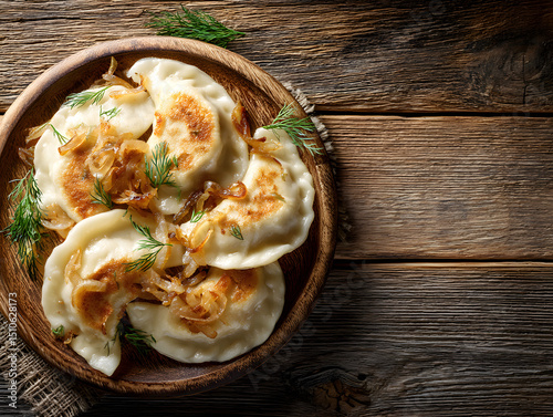 traditional Polish dumplings (pierogi) on a rustic wooden board, garnished with caramelized onions and fresh dill
