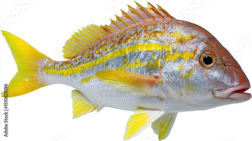 A beautiful yellowtail snapper with vibrant yellow stripes and fins stands out on the clean white background showing its detailed scales and colors.