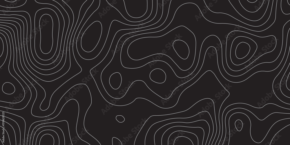 Obraz premium Abstract black background with flowing white contour lines, minimalist topographic pattern, modern texture design.