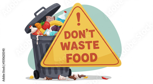 Food Waste Awareness Cartoon Illustration with Trashcan and Text