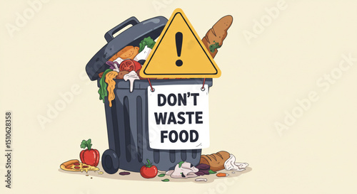 Food Waste Awareness Cartoon Illustration with Trashcan and Text